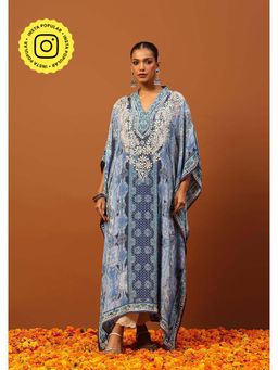 House of Chikankari - Crepe Chikankari Printed Women's Kaftan -Blue