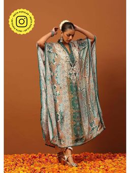 House of Chikankari - Crepe Chikankari Printed Women's Kaftan -Green