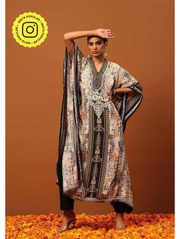 House of Chikankari - Crepe Chikankari Printed Women's Kaftan -Brown