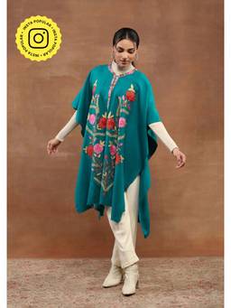 House of Chikankari - Aari Embroidered Solid Women's Cape -Teal Green