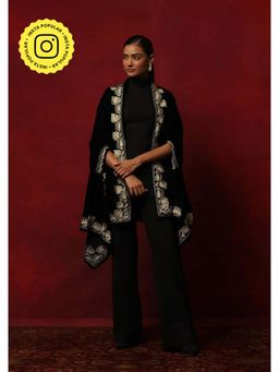 House of Chikankari - Velvet Zari Embroidered Solid Women's Cape -Black