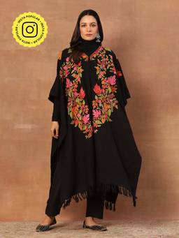 House of Chikankari - Kashmiri Wool Aari Embroidered Solid Women's Kaftan Black