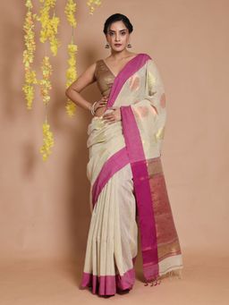 CHARUKRITI - Beige Tissue Handwoven Motifs & Zari Pallu Saree with Unstitched Blouse