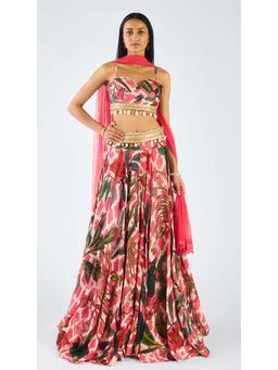 Basanti Kapde aur Koffee - Pink Chiffon Embroidered Lehenga with Blouse and Dupatta