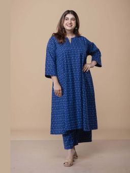 The Indian Ethnic Co. - Nyra Blue Ikkat Cotton Jhabba Kali Co-Ord Set