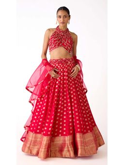 Basanti Kapde aur Koffee - Red Banarasi Embroidered Lehenga with Blouse and Dupatta