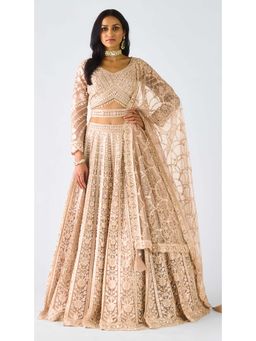 Basanti Kapde aur Koffee - Peach Net Embroidered Lehenga with Blouse Belt and Jacket