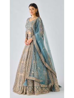 Basanti Kapde aur Koffee - Green Net Embroidered Lehenga with Blouse Belt and Jacket