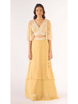 Basanti Kapde aur Koffee - Gold Georgette Embroidered Lehenga with Blouse and Jacket