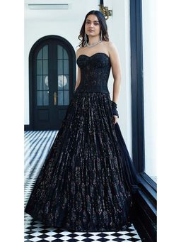 Basanti Kapde aur Koffee - Black Chantilly Net Embroidered Lehenga with Corset Blouse and Dupatta