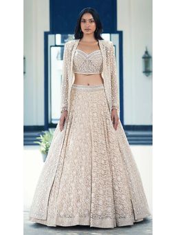 Basanti Kapde aur Koffee - Beige Chantilly Net Embroidered Lehenga with Corset Blouse and Jacket