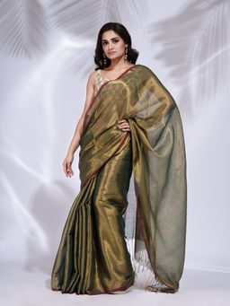 CHARUKRITI - Golden Tissue Handwoven Soft Saree with Unstitched Blouse