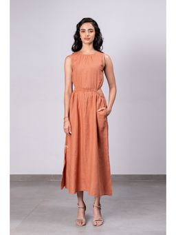 Zebein - Laurel Linen Side Cut Waist Dress With Pockets - Sand Brown
