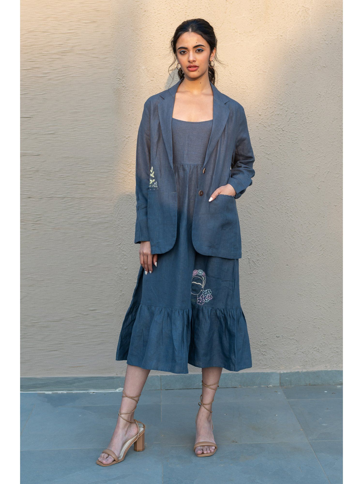 zebein Diane Linen Blazer With Welt Pockets - Blue-picture-44