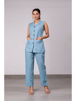 Zebein - Ruth Linen Sleeveless Blazer With Welt Pockets - Icy Blue