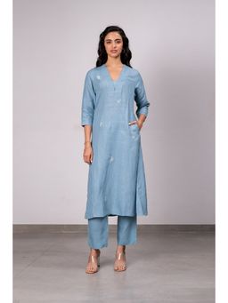 Zebein - Clara Linen V- Neck Pin Tucks Kurta- Pants Set With Pockets - Icy Blue (Set of 2)