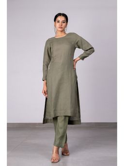 Zebein - Doris Linen High-Low Hem Kurta- Pants With Pockets - Olive Green (Set of 2)