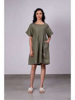 Zebein - Silvia Linen Boxy Short Dress With Pockets - Olive Green