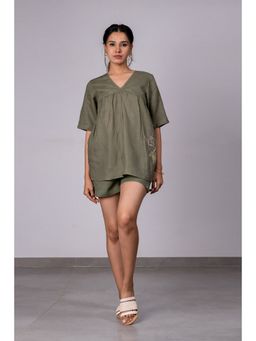 Zebein - Sabina Linen Top With Pocket - Olive Green