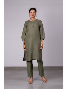 Zebein - Janice Linen Half Placket Kurta- Pants With Pockets - Olive Green (Set of 2)