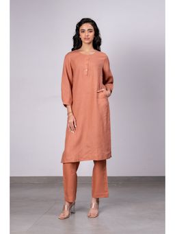 Zebein - Janice Linen Half Placket Kurta- Pants With Pockets - Sand Brown (Set of 2)