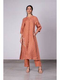 Zebein - Demi Linen Buttoned Kurta- Pant With Pockets - Sand Brown (Set of 2)