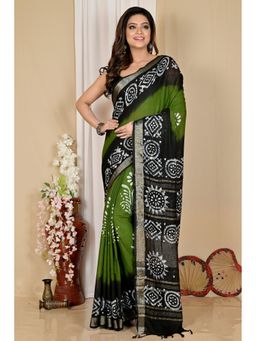 DipDiya - Batika Dark Green Pure Cotton Batik Print Saree with Unstitched Blouse