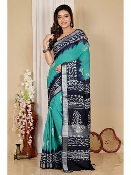 DipDiya - Batika Sky Blue Pure Cotton Batik Print Saree with Unstitched Blouse
