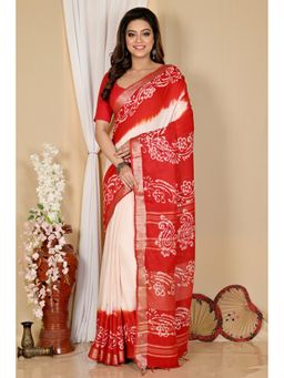 DipDiya - Batika White Red Pure Cotton Batik Print Saree with Unstitched Blouse