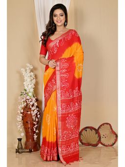 DipDiya - Batika Yellow Red Pure Cotton Batik Print Saree with Unstitched Blouse