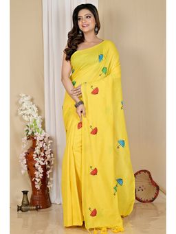 DipDiya - Yellow Pure Cotton Embroidery Handloom Saree with Unstitched Blouse