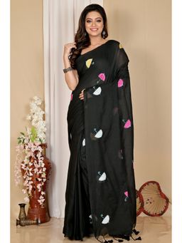DipDiya - Black Pure Cotton Embroidery Handloom Saree with Unstitched Blouse