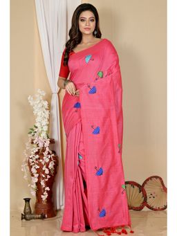 DipDiya - Dark Pink Pure Cotton Embroidery Handloom Saree with Unstitched Blouse