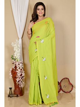 DipDiya - See Green Pure Cotton Embroidery Handloom Saree with Unstitched Blouse