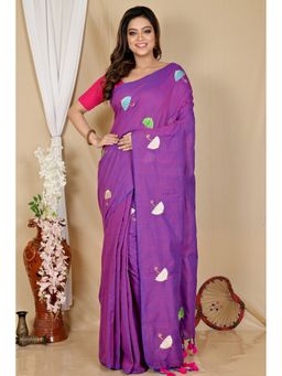 DipDiya - Purple Pure Cotton Embroidery Handloom Saree with Unstitched Blouse