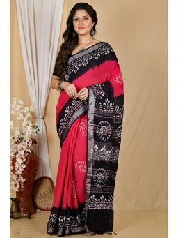 DipDiya - Batikato Rani Pink Pure Cotton Batik Print Saree with Unstitched Blouse