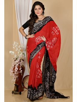 DipDiya - Batikato Red Pure Cotton Batik Print Saree with Unstitched Blouse