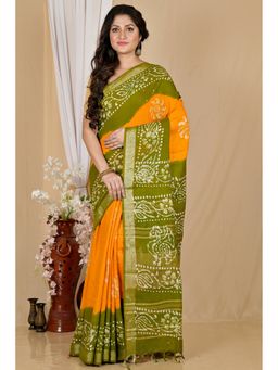 DipDiya - Batikato Yellow Pure Cotton Batik Print Saree with Unstitched Blouse