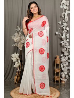 DipDiya - Embhand White Cotton Blend Embroidery Handloom Saree without Blouse