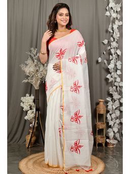 DipDiya - Embhand White Cotton Blend Embroidery Handloom Saree without Blouse