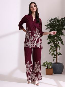 Jaipur Kurti - Wine Floral Printed Straight Co-Ord Set