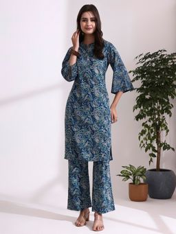Jaipur Kurti - Teal Paisley Printed Straight Kurta with Pant
