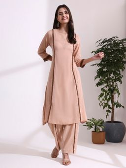 Jaipur Kurti - Beige Embroidered Straight Kurta with Pant