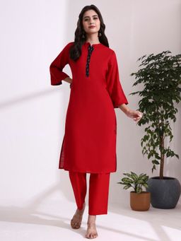Jaipur Kurti - Red Solid Straight Pure Cotton Kurta and Pant