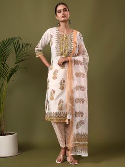 Jaipur Kurti - White Floral Printed Straight Kurta with Pant and Dupatta