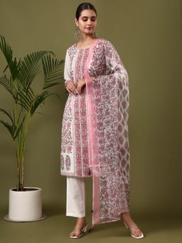 Jaipur Kurti - Pink Floral Printed Straight Kurta with Pant and Dupatta