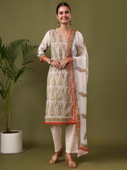 Jaipur Kurti - White Paisley Printed Straight Kurta with Pant and Dupatta