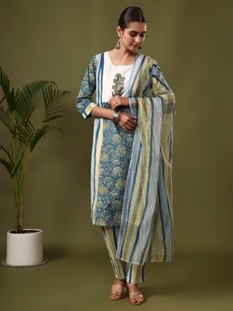 Jaipur Kurti - Blue Floral Printed Straight Kurta with Pant and Dupatta