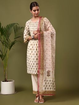 Jaipur Kurti - Cream Floral Printed Straight Kurta with Pant and Dupatta