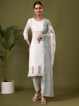 Jaipur Kurti - White Floral Embroidered Straight Kurta with Pant and Dupatta